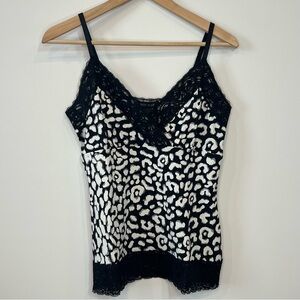 Y2K WHBM Black and White Animal Print V-Neck Lace Trim Cami Tank Top - Size M